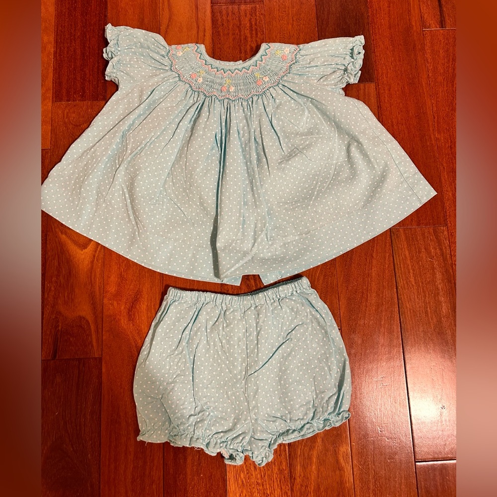 Bella Mia Kids Light Blue Polka Dot with Floral Smocking Set